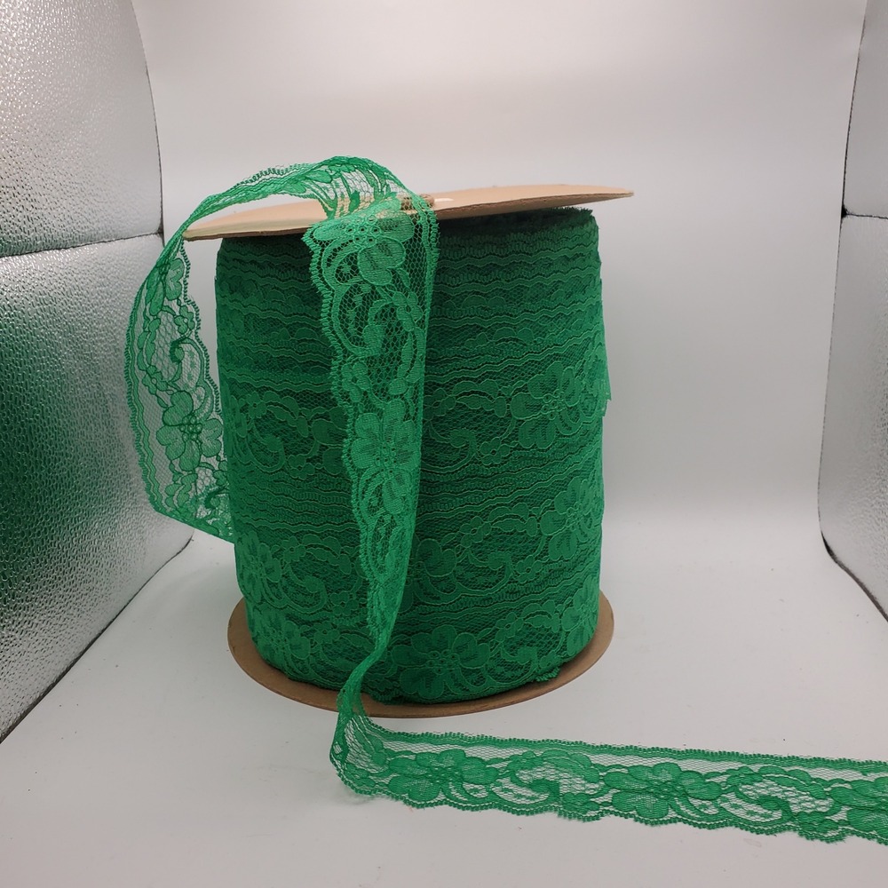 Emerald Green Floral Lace Trim Scalloped Edge 2.25 Inch Wide Bulk Spool Crafting